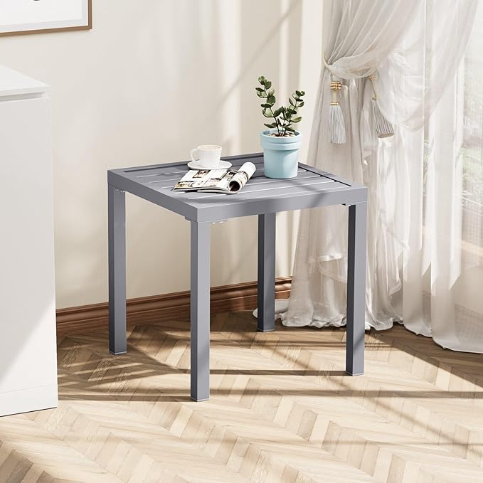 Crestlive Products Outdoor Side Table Set of 2, Small Square Metal End Table Weather Resistant Pool Side Tables for Patio Balcony（Light Gray