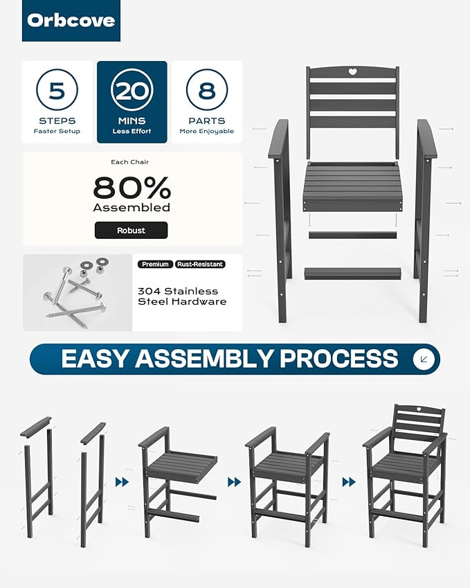Patio Bar Table,Adirondack Chairs and Table 5 Pieces Set, Bar Height Chairs Set of 4 and Bar Table, Outdoor Bar Stools Set,Weather-Resistant Outdoor Furniture for Deck, Balcony, Poolside Easy Assembly