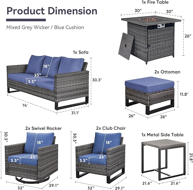 Belord Patio Furniture Set with Fire Pit Table: 9 Pieces Wicker Oversize Patio Conversation Set with Outdoor Swivel Glider Rocker Rattan Couch Ottomans, Anti-Rust Frame, Removable Cushion Blue