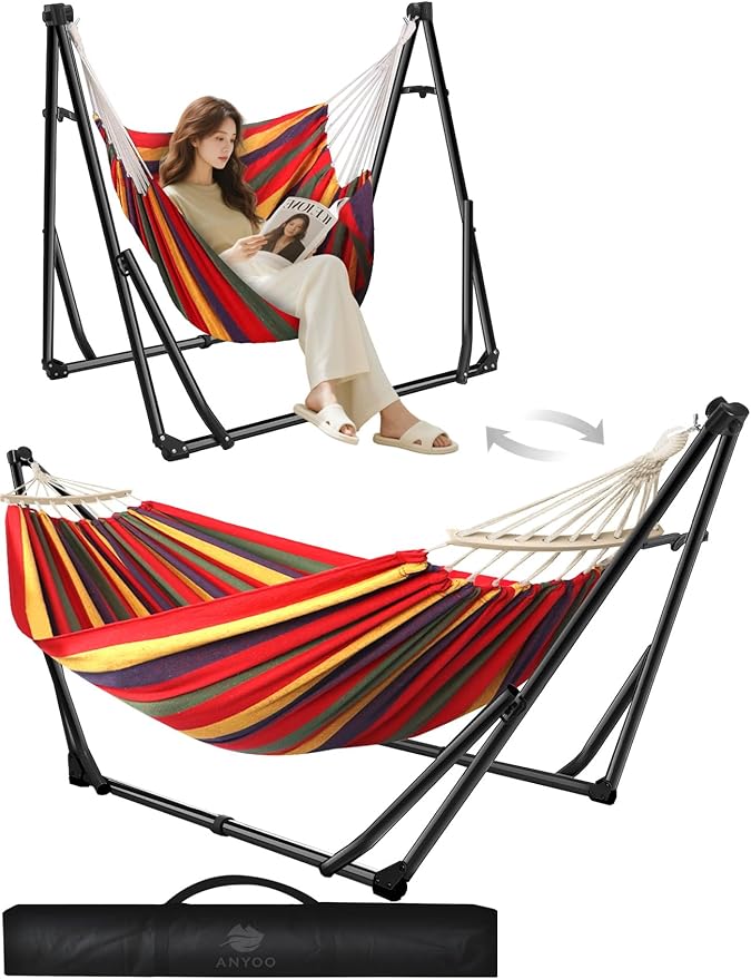 Anyoo 2 in 1 Hammock and Swinging Chair with Collapsible Steel Stand & Carrying Case,Portable & Adjustable,Easy Set Up for Outdoor,Indoor,Porch Swing,Patio,Garden,Camping Trip
