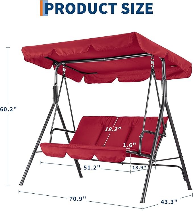 Porch Swing Chair with Adjustable Canopy for Adults 3-Seat Patio Glider Bench with Thick Cushions Steel Frame Outdoor Swing Chair for Backyard Lawn Garden Red