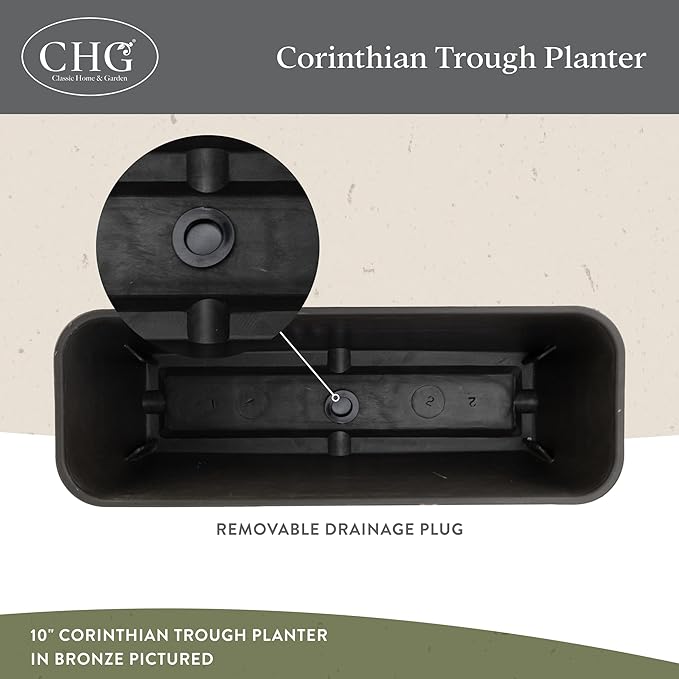 Classic Home and Garden Corinthian Rectangular Planter Box w/Drain Plug - Small Succulent Pots - Shallow Trough Planter for Indoor/Outdoor (10” Storm Gray, Pack of 1)