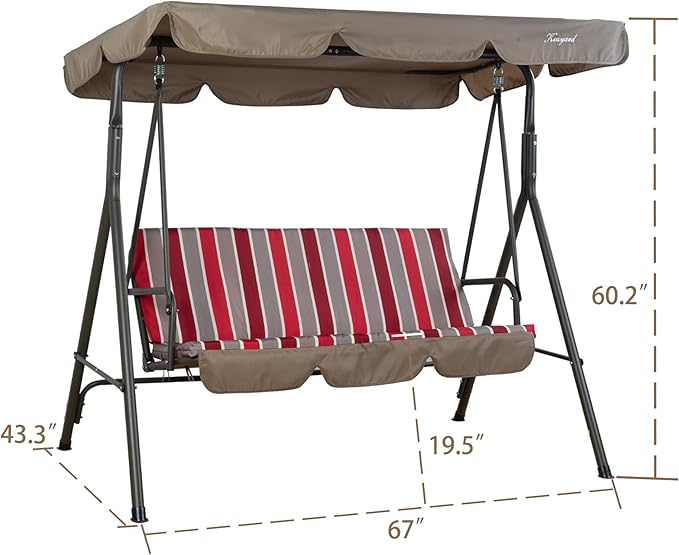Kozyard Alicia 3-Seat Patio Swing, Outdoor Canopy Swing with Steel Frame, Adjustable Canopy and Removable Cushions for Porch Patio Garden Poolside, Red Stripe