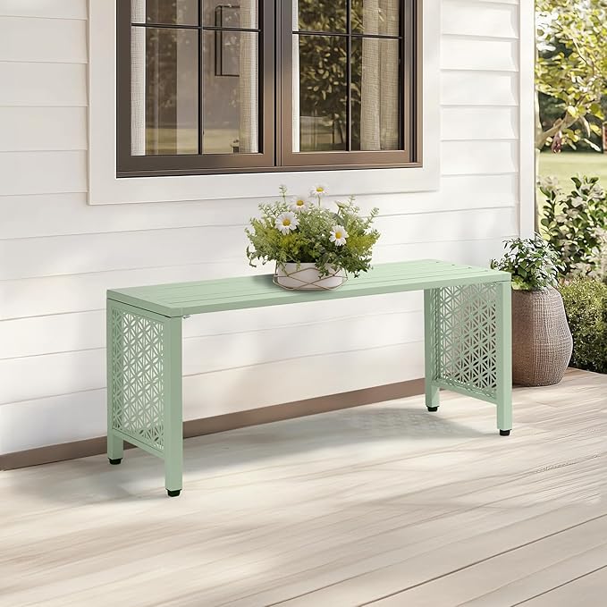 VINGLI 40in Outdoor Metal Bench, All-Weathe Backless Patio Bench with Slatted Seat＆Floral Side Panels, Rust-Resistant Garden Bench, Weatherproof Outdoor Seating for Porch Entryway Backyard (Green)