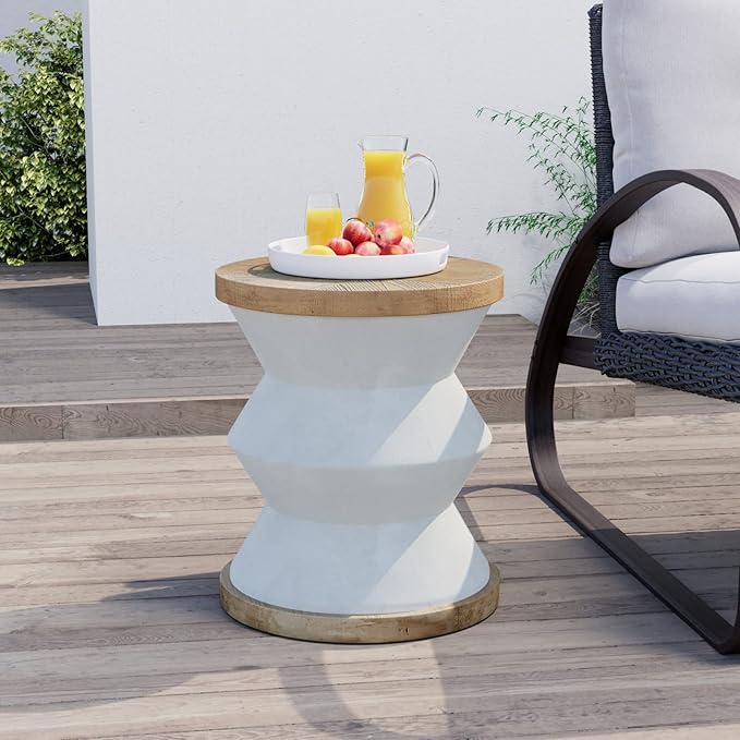 COSIEST White Outdoor Side Table, Round MgO Concrete End Patio Side Table, Lightweight Cylinder Top Plant Stand with Rotund Base for Garden and Deck