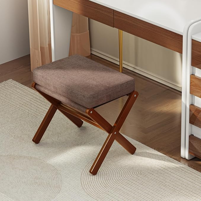 Foldable Foot Stool Ottoman, Modern Foot Rest with Bamboo X Legs & Thick Foam Cushion, Folding Foot Stools Small Padded for Bedroom Living Room, Footstool for Chair Couch (Brown - Brown)