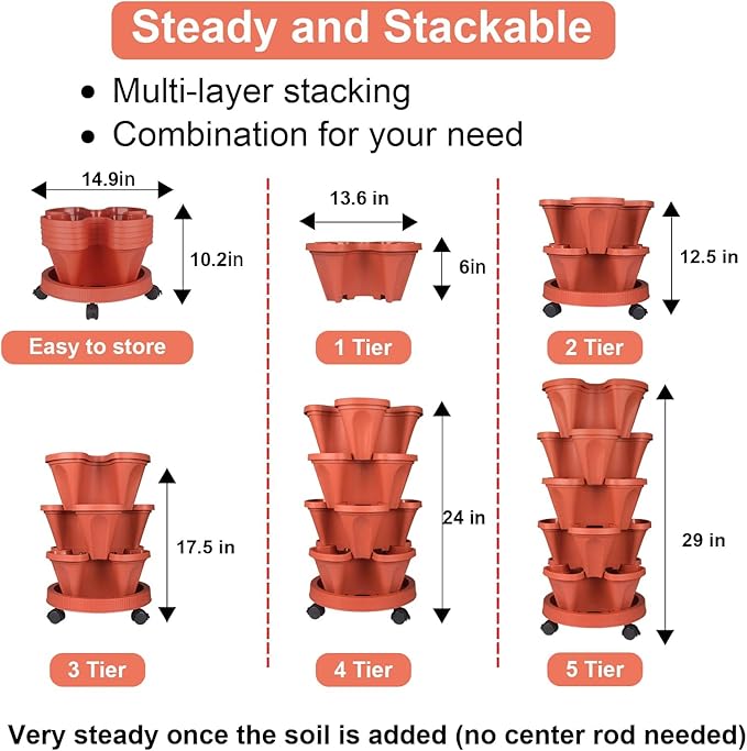 GameXcel Vertical Planter - 5 Tier Stackable Planter-Red 2 Pack