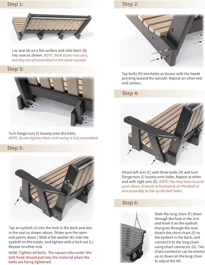 Poly Lumber Wood 4FT Porch Swing Amish Craftsmandship Made in USA HDPE with No wood fibers and 1000 lbs Limit. Stainless Steel Hardware.Signature Rollback design for Patio Outdoor Backyard Garden Park