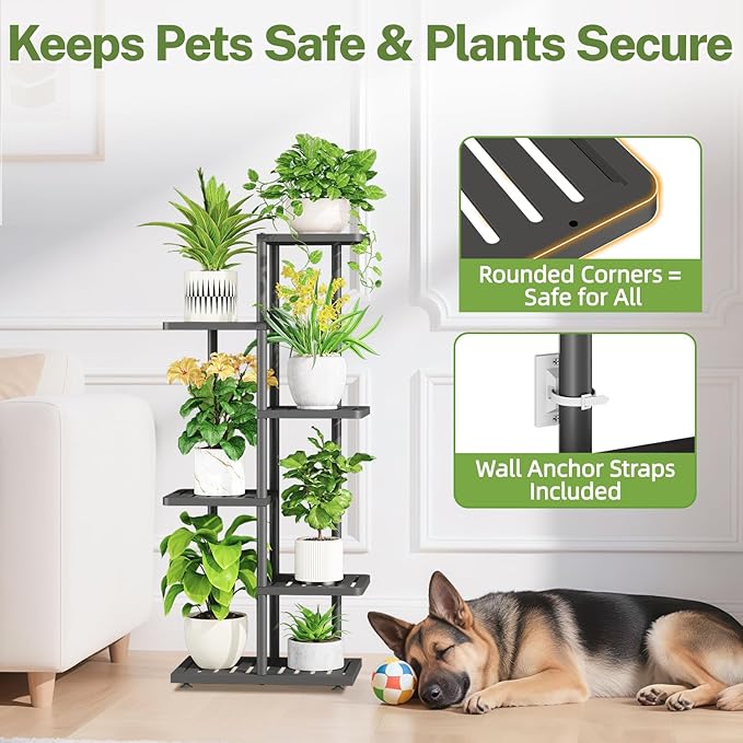 iDavosic.ly Plant Stand Indoor Outdoor, 5-Tier Tall Metal Flower Shelf for Heavy-Duty Large Planters, Corner Orchid Display Rack for Living Room Balcony Patio Porch, Space Saving, Modern Black
