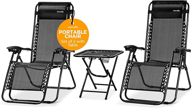 SereneLife Outdoor Zero Gravity Lounge Chair Set with Table – 2 Adjustable Recliners with Cup Holders, Headrest, Steel Frame & Foldable Design for Patio, Pool, Garden, or Camping