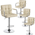 Yaheetech Bar Stools Set of 4, PU Leather Adjustable Swivel Barstools, Hydraulic Kitchen Counter Height Chairs with Armrest and Back for Kitchen, Dining Room, Khaki