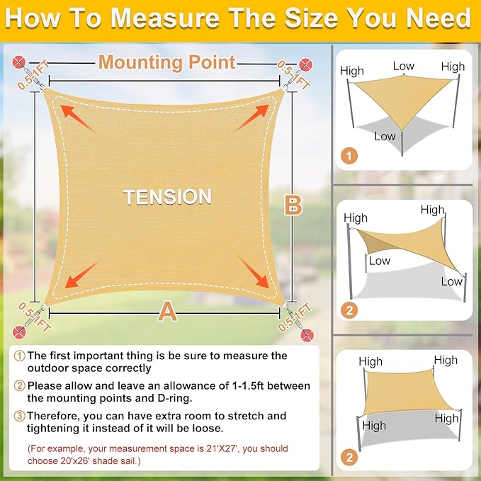 KANAGAWA Sun Shade Sail Curved 24'X24' Sand Rectangle Outdoor Shade Cover UV Blovk Canopy for Patio Garden Backyard Heavy Duty Permeable 185GSM (We Make Custom Size)