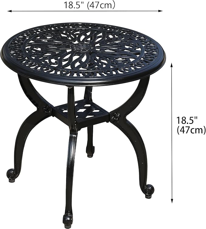 Cast Aluminum Outdoor Side Table, All Weather Round Small Coffee Table for Patio,Park,Lawn,Yard (18.5" Black)