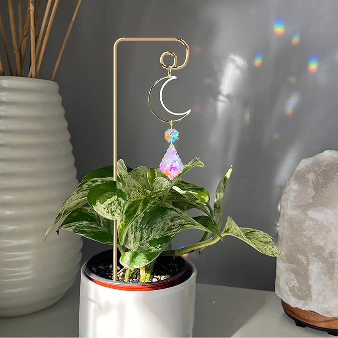 Small Trellis for Potted Plants Indoor with Colorful Crystal Sun Catcher, 14.17 Inch Metal Plant Lattice for Mini Potted Plant Decoration for Home Window Garden 4 Pack