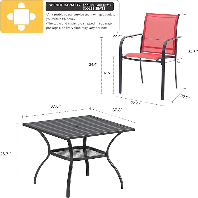 VICLLAX 5-Piece Modern Patio Dining Set - Square Table & 4 Stackable Sling Chairs - Black Table, Red Chairs - Outdoor Furniture for Balcony, Garden, Deck