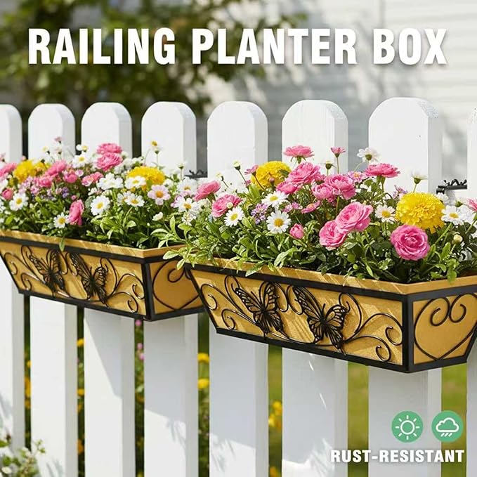 2 Pack 24 Inch Window Boxes Planter Railing Planters Box with Adjustable Brackets for Porch Deck Balcony Hanging Butterfly Decorative Flower Baskets & Non-Woven Fabric Liner for Outdoor Plants - Black