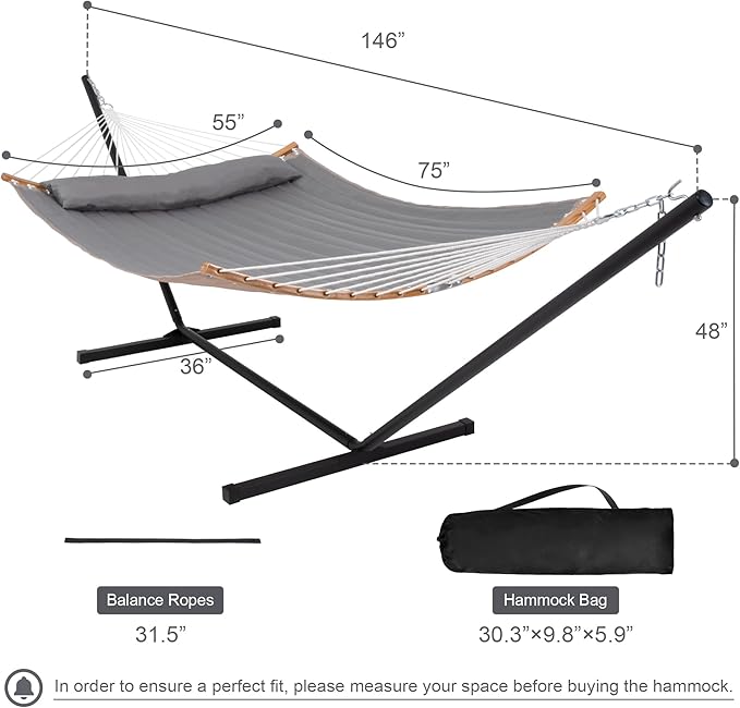 Outdoor Hammock with Stand Included, Heavy Duty Hammock with Curved Spreader Bar, Pillow and Portable Bag, 450 Lbs Capacity, Grey