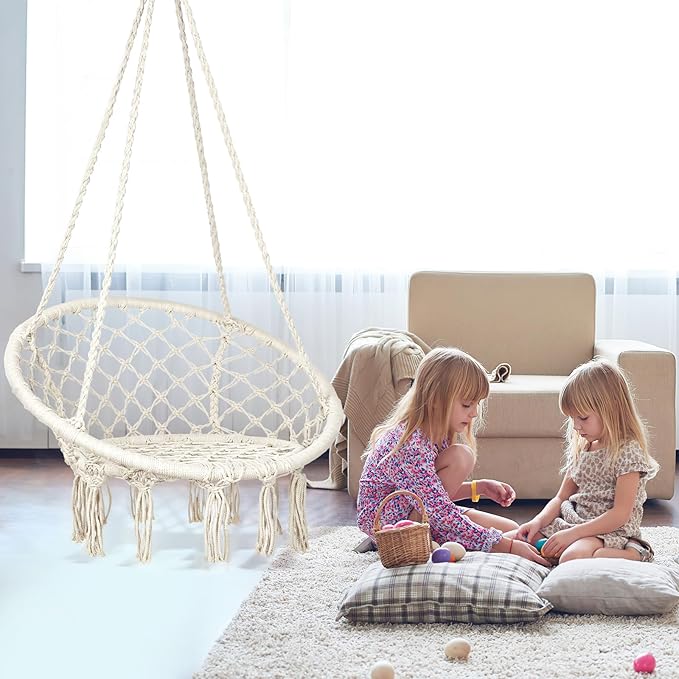 Macrame Hammock Chair Swing with Hardware Kits, Handmade Knitted Hanging Chair for Bedroom,Indoor,Outdoor, Balcony, Yard, Porch- 265 Pound Capacity -29.53" L x 29.53" W x 45.28" H