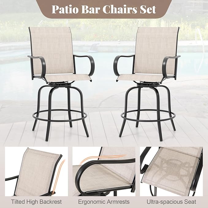 Giantex Set of 2 Swivel Outdoor Bar Stools, All-Weather Bar Height Patio Chairs, 330LBS Capacity, 360 Rotating Outside Bar Chairs with High Back Armrests, for Porch Yard Lawn Garden Pool (Grey)