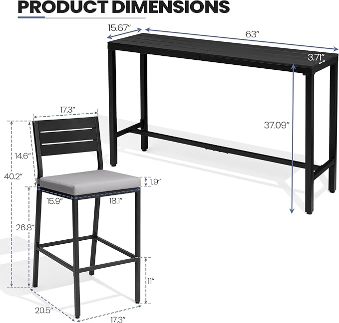 Crestlive Products Outdoor Bar Table and Chairs Set, 3 Piece Outside Patio Bar Set with 63" Long Bar Table and 2 Bar Stools for Balcony, Bistro, Garden, Backyard(Black Desktop and Light Gray Cushion)