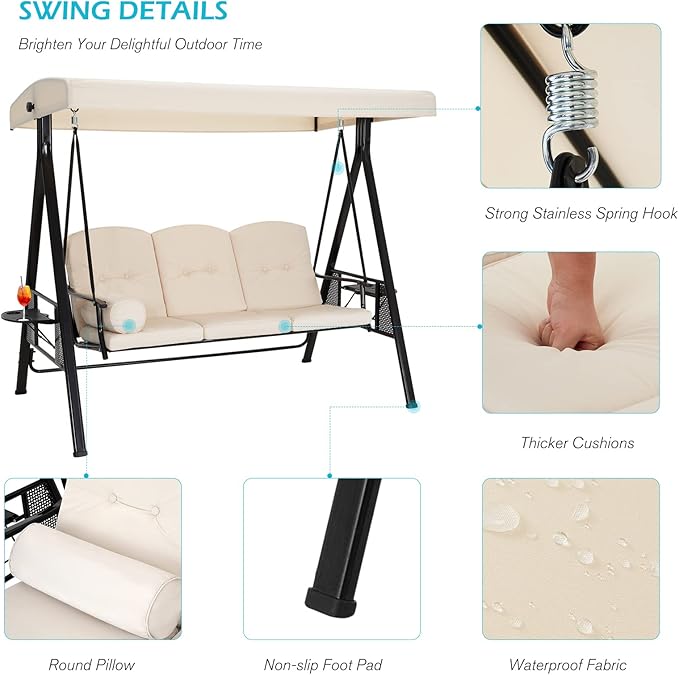 AECOJOY Outdoor Porch Swing with Cover, 3-Seat Patio Swings with Adjustable Canopy, Outside Swing for Adult with Beige Removable Cushions for Backyard, Garden, Yard, Poolside, Balcony
