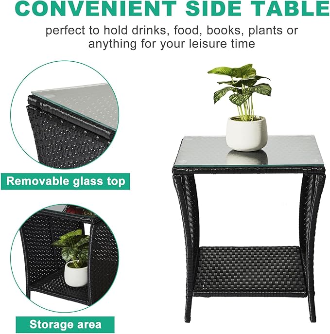 VINGLI Outdoor Wicker Side Table Patio Side Tables for Outside, Tempered Glass Top Wicker Table with Storage End Table for Balcony Porch Deck (Black)