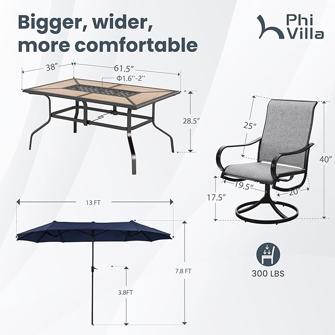 PHI VILLA Outdoor Patio Dining Set with Umbrella for 6 Person, Outdoor Swivel Dining Chairs & 1 Large Wooden-Like Top Table with 13ft Navy Blue Outdoor Umbrella(No Base) for Deck Lawn Garden Backyard