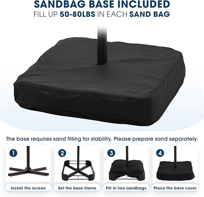 wikiwiki 10ft Solar LED Patio Umbrella with Base Included, Offset Umbrella with Weighted Sandbag Base, Cantilever Patio Umbrella for Backyard, Garden & Deck, 32 LED Lights & Polyester Shade, Navy Blue