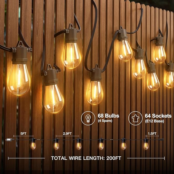 addlon 200FT(4-Pack*50FT) LED Outdoor String Lights with Edison Shatterproof Bulbs, Heavy-Duty and Weatherproof Strand, Commercial Grade Patio Lights, Decorative for Garden or Patio, Black