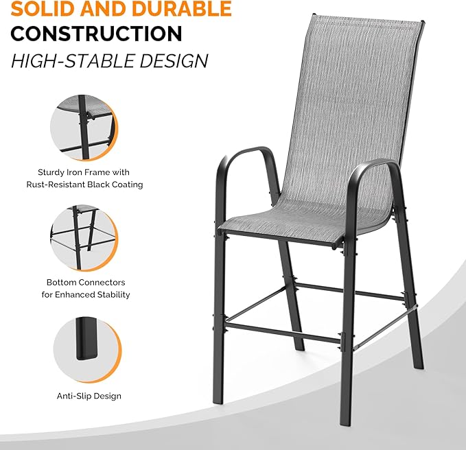 VINGLI Outdoor Bar Chairs Set of 8 – Stackable Outdoor Bar Stools with Sturdy Sling High Back and Armrests for Lawn, Courtyard, Garden, Bar, Silver Gray