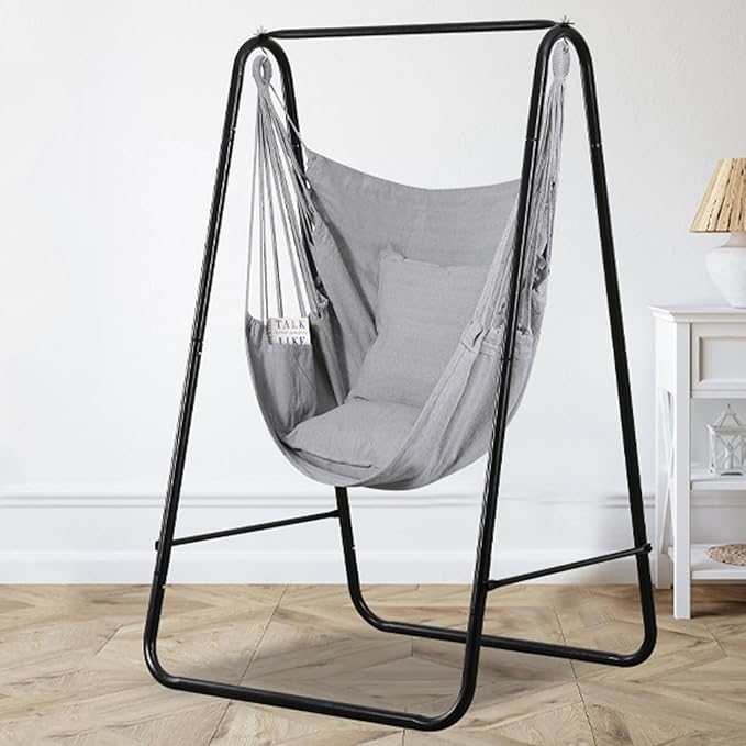 Goutime Hammock Chair, Boho Hanging Rope Ceiling Swing, Macrame Hanging Swinging Chair for Indoor,Outdoor,Bedroom,Outside,Garden,Balcony,Yard,Deck,Max 330 Lbs (Gray)