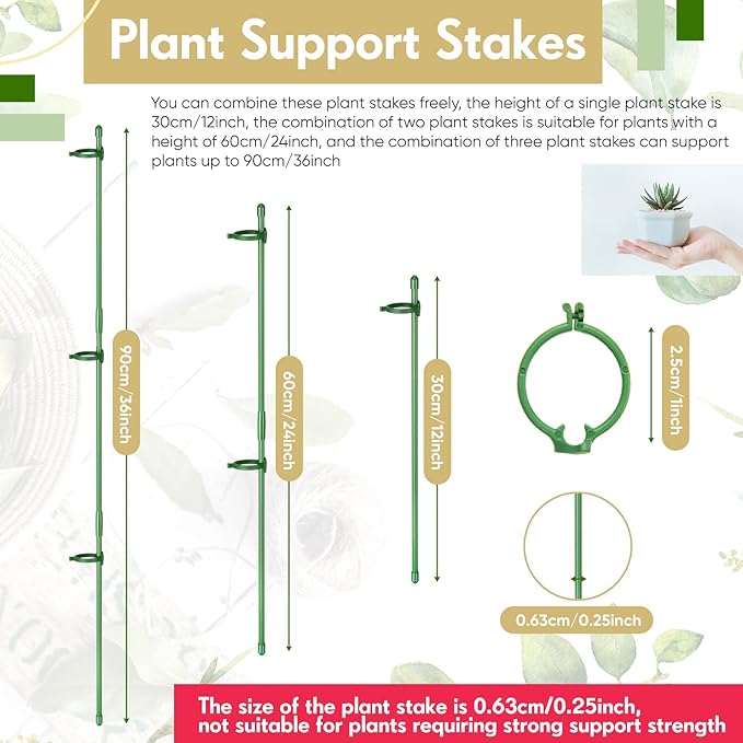 meekoo 60 Pcs Adjustable Garden Plant Support Stakes Single Stem Plant Cage Support Rings with Clips and Connect Pipe for Orchid Rose Tomato, 12 Inch (Green)