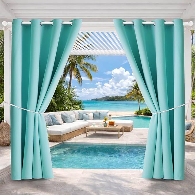 DIVA EN CAMINO DEC Outdoor Patio Curtain Waterproof Darkening Thermal Insulated Indoor Curtains for Bedroom, Porch, Living Room, Pergola, Cabana, W52 x L72, Teal Blue, Set of 2 Panels