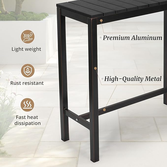 Outdoor Bar Table, 55" Patio Bar Height Counter Console Table, Black Waterproof HDPS Slatted Top and Bronze Leg, Weather Resistant, Hot Tub, Balcony, Yard, Indoor or Outdoor Use