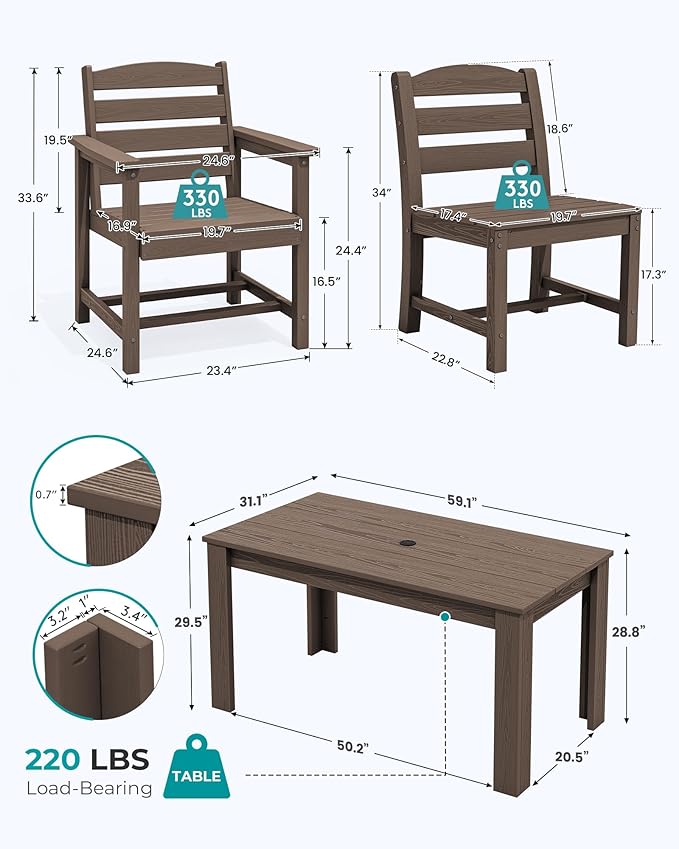 SERWALL Outdoor Dining Sets for 6, HDPE Dining Sets with 1 Umbrella Hole Cut-Out Rectangular Table and 4 Armless Chairs and 2 Armchairs, Patio Dining Sets, Coffee