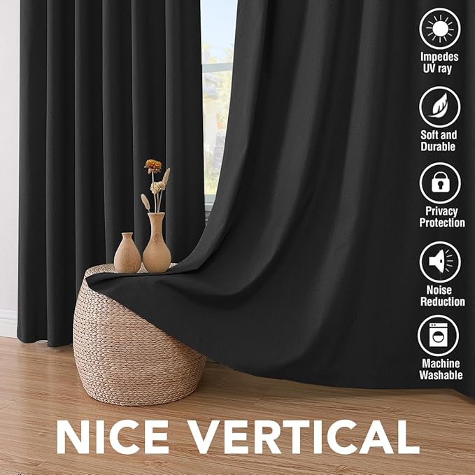 H.VERSAILTEX Linen Blackout Curtains 63 Inches Long 100% Blackout Thermal Insulated Textured Linen Look Curtain Draperies Anti-Rust Grommet, Energy Saving with White Liner, 2 Panels, Black
