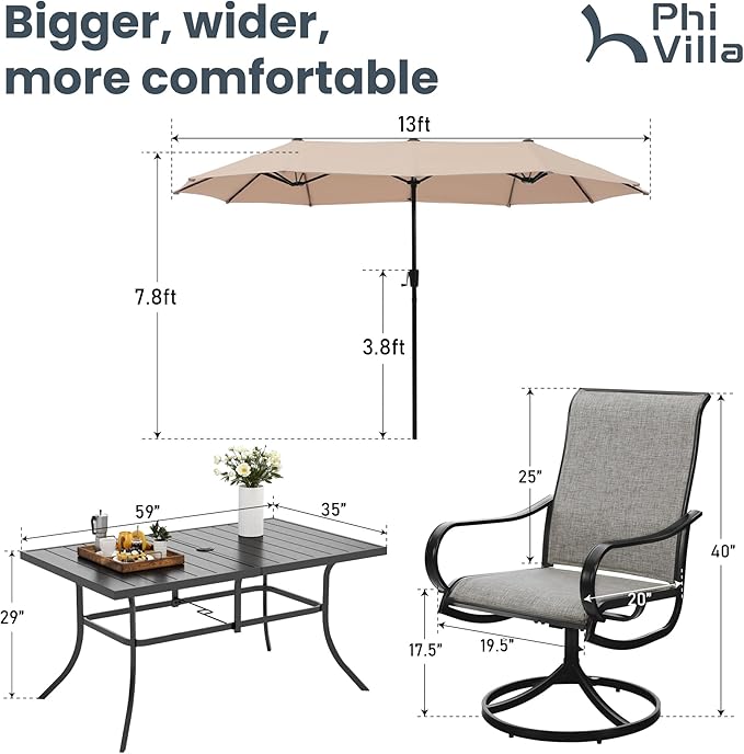 PHI VILLA 8 Piece Outdoor Furniture Patio Dining Set, 6 Swivel Textilene Fabric Dining Chairs & 1 Large Metal Table with 13ft Patio Umbrella (Beige) for Garden Backyard Poolside Deck