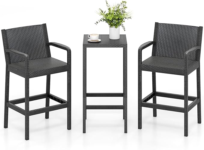 Tangkula 3 Pieces Patio Bar Set, Oudoor Curved Heavy Duty Bar Chairs and Square Table for 2, for Garden, Balcony, Poolside, Black
