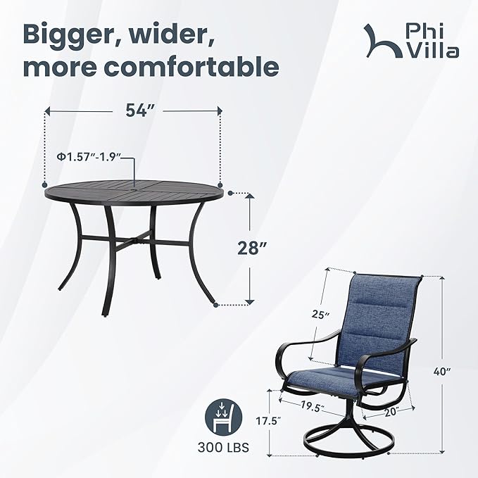 PHI VILLA 7 Piece Outdoor Patio Dining Set with 6 Padded Swivel Dining Chairs & 1 Large Round Dining Table, All Weather Dining Furniture Set for Lawn Garden (Blue)
