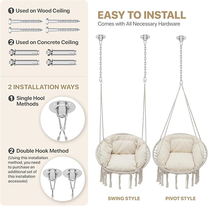 Monibloom Hanging Hammock Chair w/Large Comfy Cushion, Macrame Swing Chair Porch Hammock, Max 350 Lbs Capacity Hanging Swing for Adults & Teens, Backyard Hanging Chair for Relaxing Reading, White
