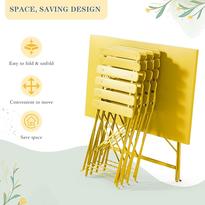 MELLCOM 5-Piece Foldable Patio Dining Set with Rectangular Table and Chairs, Weather-Resistant Iron Outdoor Dining Set for 4 People, Outdoor Table and Chairs for Patio, Yard, Indoor, Yellow