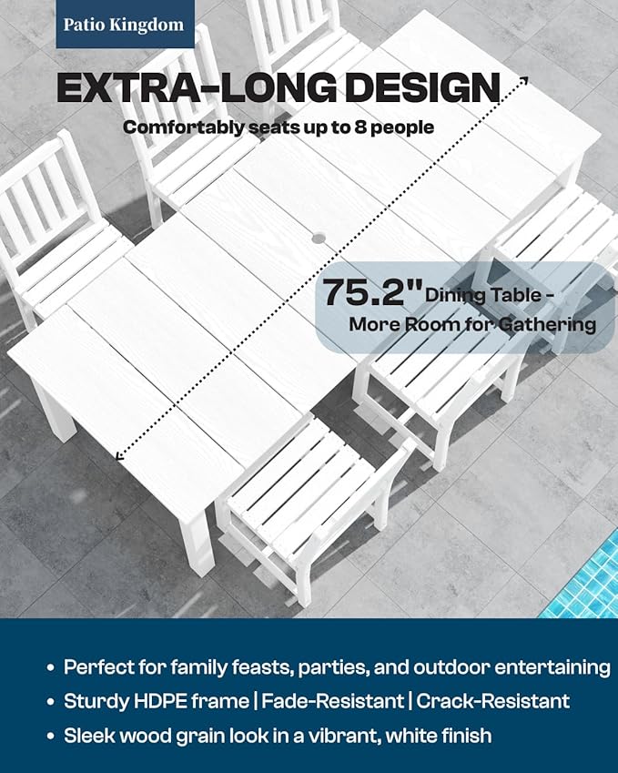 9-Piece White Outdoor Dining Set with White 15FT Large Patio Umbrella, 75.2'' HDPE Table & Chairs for 8, Weather-Resistant Furniture with Umbrella Hole for Patio, Lawn, Poolside