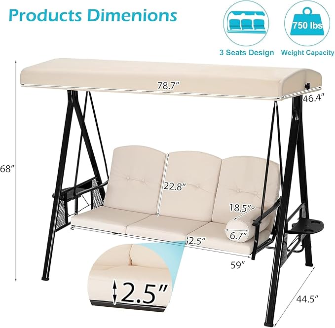 AECOJOY Outdoor Porch Swing, 3-Seat Porch Swing with Adjustable Canopy, Outdoor Swings for Adult with Beige Removable Cushions for Backyard, Garden, Yard, Poolside, Balcony