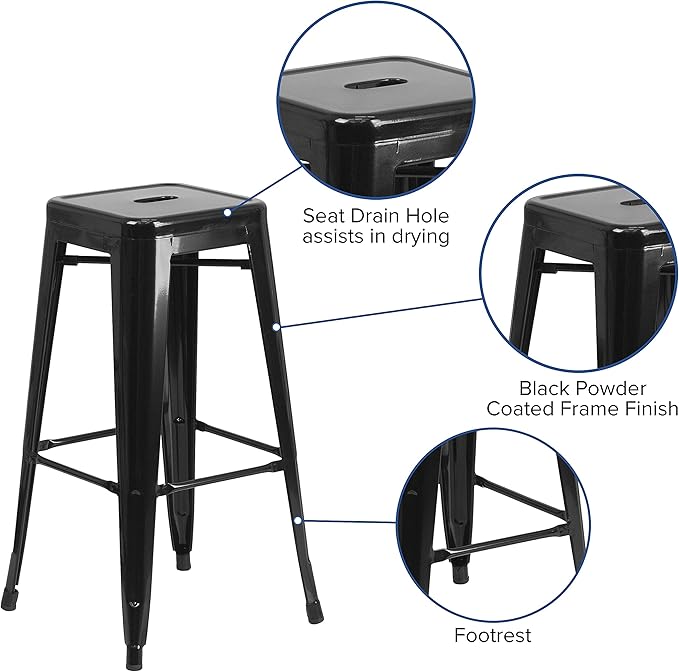 Flash Furniture Lily 4 Pack Commercial Grade 30" High Backless Black Metal Indoor-Outdoor Barstool with Square Seat