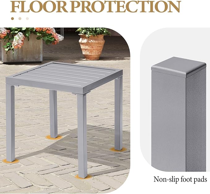 Crestlive Products Outdoor Side Table Set of 2, Small Square Metal End Table Weather Resistant Pool Side Tables for Patio Balcony（Light Gray