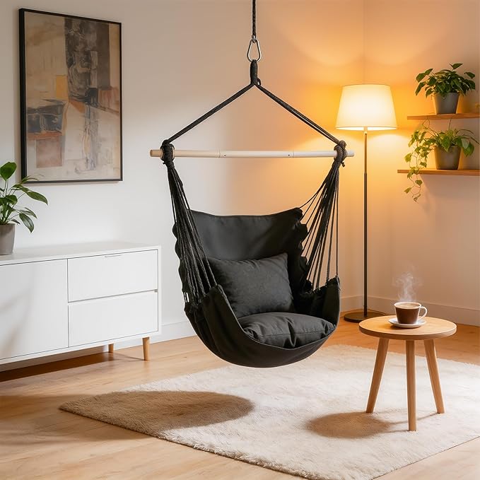 Athena Collection Hammock Chair Hanging Rope Swing Chair with 2 Cushions, Max 350 Lbs, Hanging Macrame Chair with Anti-Slip Grooves Spreader Bar and Pocket for Outdoor Indoor Patio Yard, Black