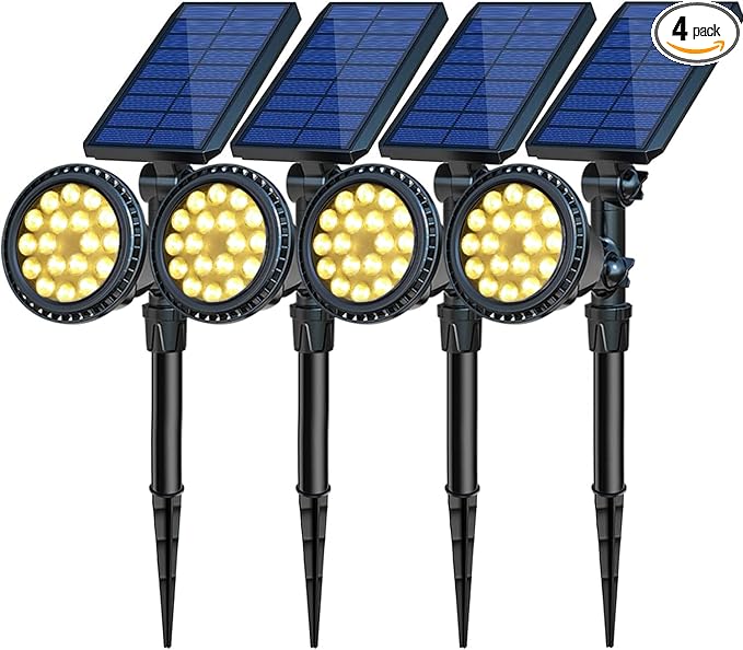 Solar Spotlights, 18 LED Solar Lights Outdoor Waterproof, 2 Mode Soft Warm White Landscape Lighting Auto On/Off Spot Lights for Flag Pole Garden Yard Tree Driveway Pool, 4 Pack