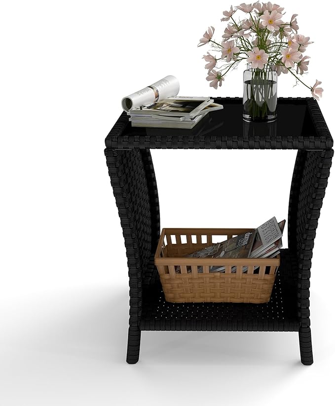 kinbor Small Outdoor Table - Set of 2 Tempered Glass Top Small Outdoor Wicker Side Table with Storage Shelf for Patio, Balcony & Porch, Durable PE Rattan & Iron Frame