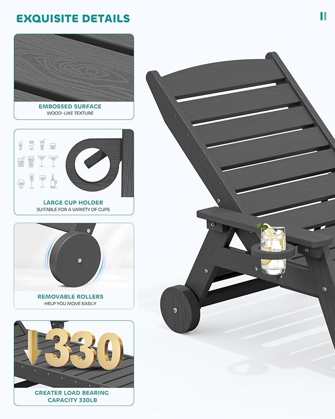 SERWALL Patio Chaise Lounge Chair Set of 2 with 9FT Patio Umbrella, 78'' HDPE Outdoor Lounger, Poly Lounge Chair with Rolling Wheels & Cup Holder for Pool,Slate Gray (Umbreall Base not Included)