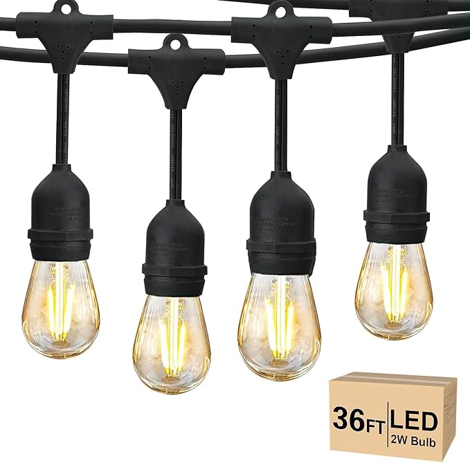 Svater 36 FT Outdoor String Lights 2W, Commercial Grade Patio Light with 13 pc Edison Shatterproof Bulbs, IP65 Waterproof LED Hanging Lighting for Bistro Cafe Market Outside Backyard, Warm White 2700K